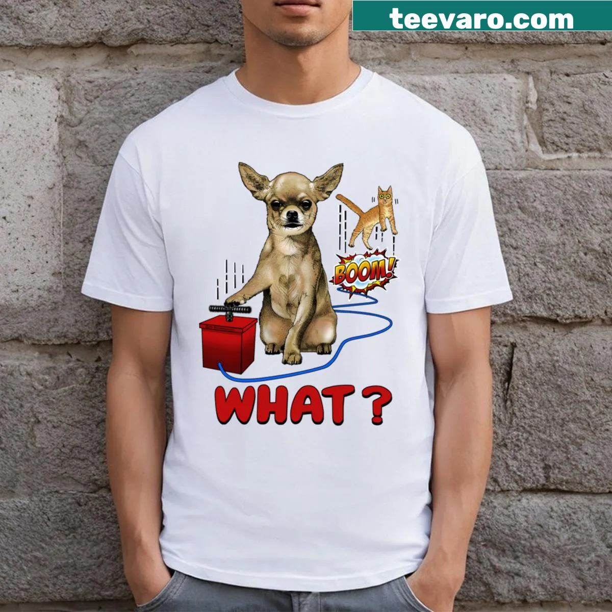 Playful chihuahua graphic on a t-shirt with humorous cat theme — on a men's t-shirt
