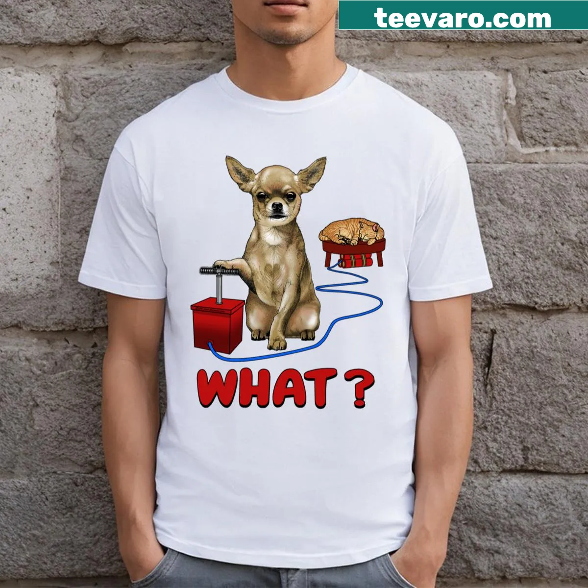 Cartoon Chihuahua with dynamite hiding under a sleeping cat — on a men's t-shirt