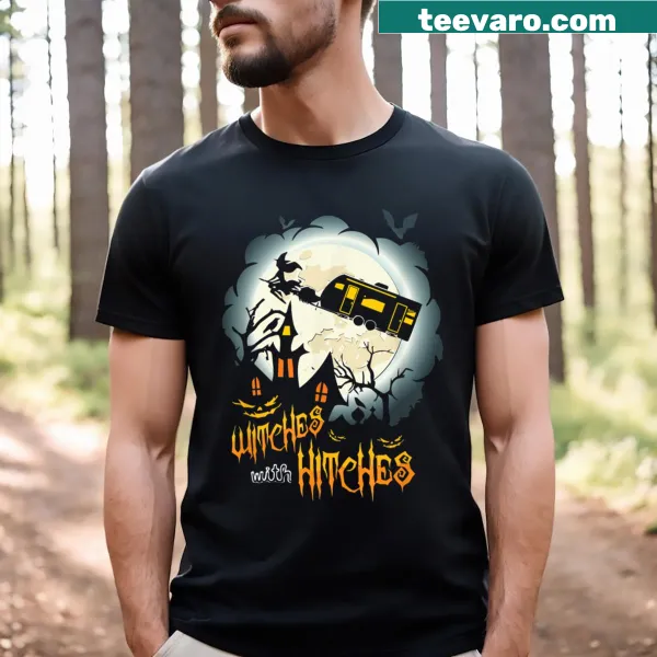 Witches camping graphic on a Halloween T-shirt