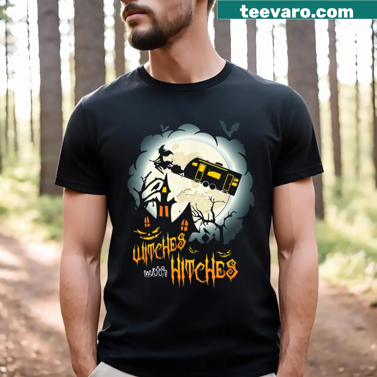 Witches camping graphic on a Halloween T-shirt — on a men's t-shirt