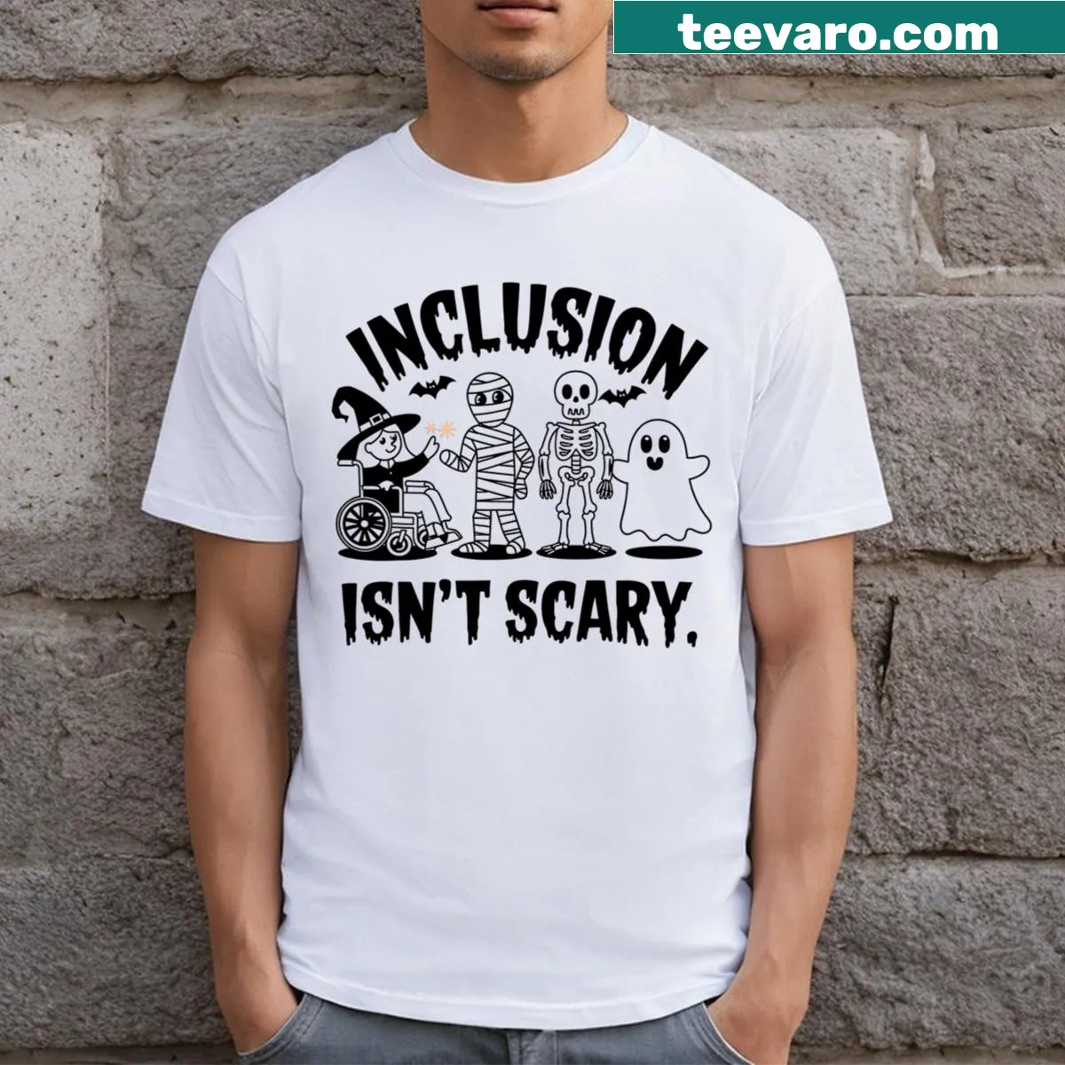 Inclusion isn't scary graphic on a Halloween T-shirt for teachers — on a men's t-shirt