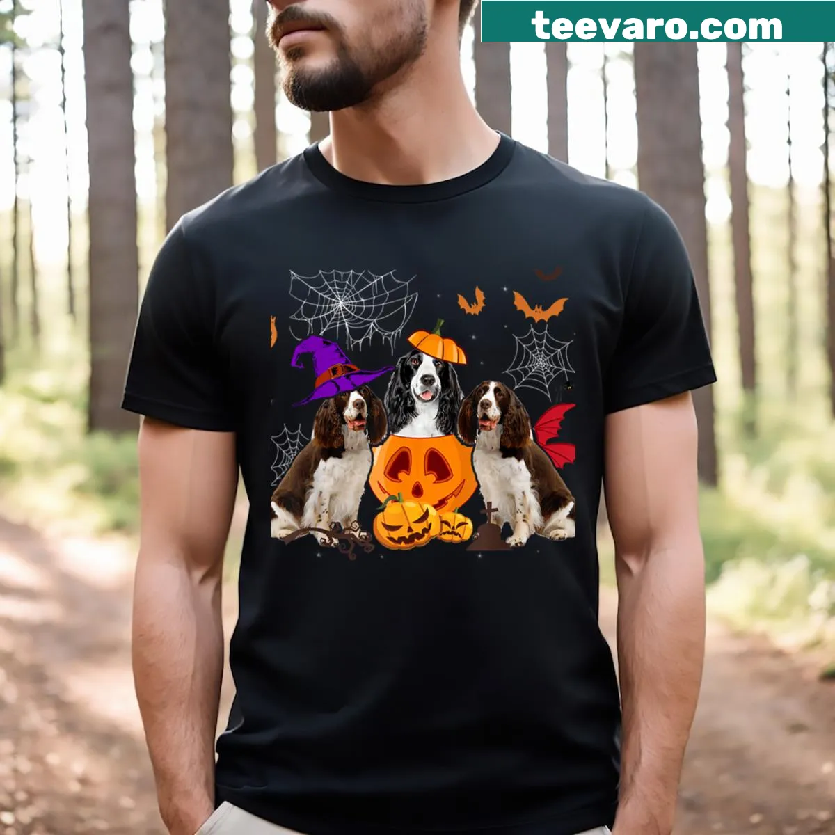 Funny pumpkin witch dog Halloween t-shirt — on a men's t-shirt
