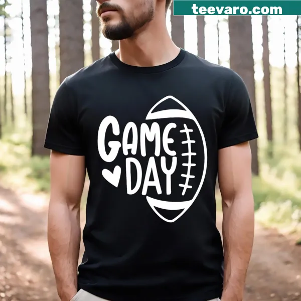 Heart and football player graphic on men’s t-shirt.