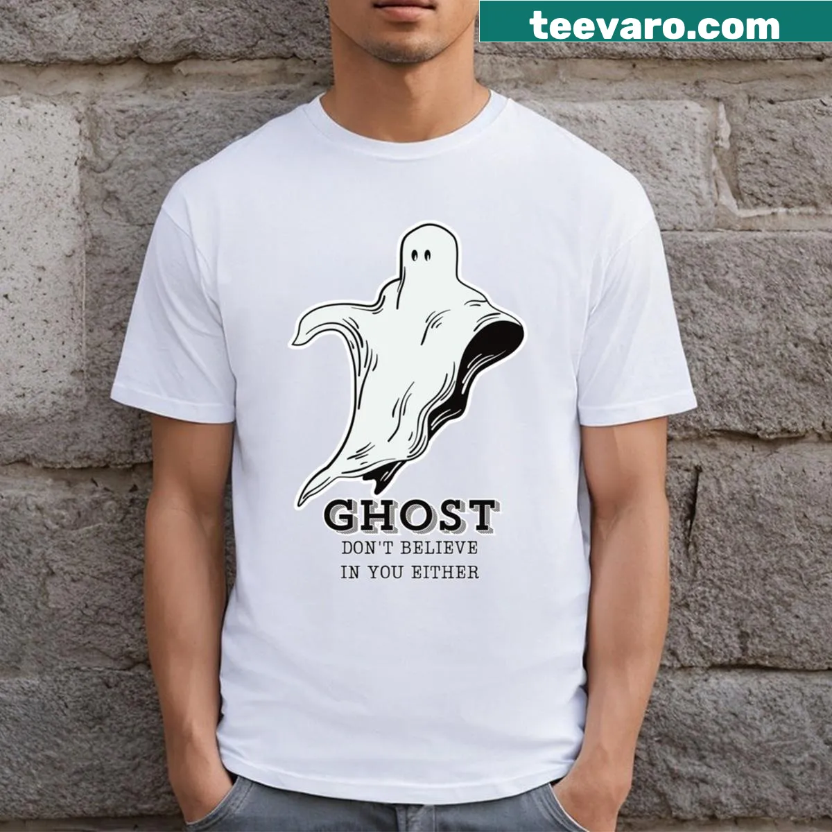 Funny ghost-themed T-shirt with humorous text — on a men's t-shirt