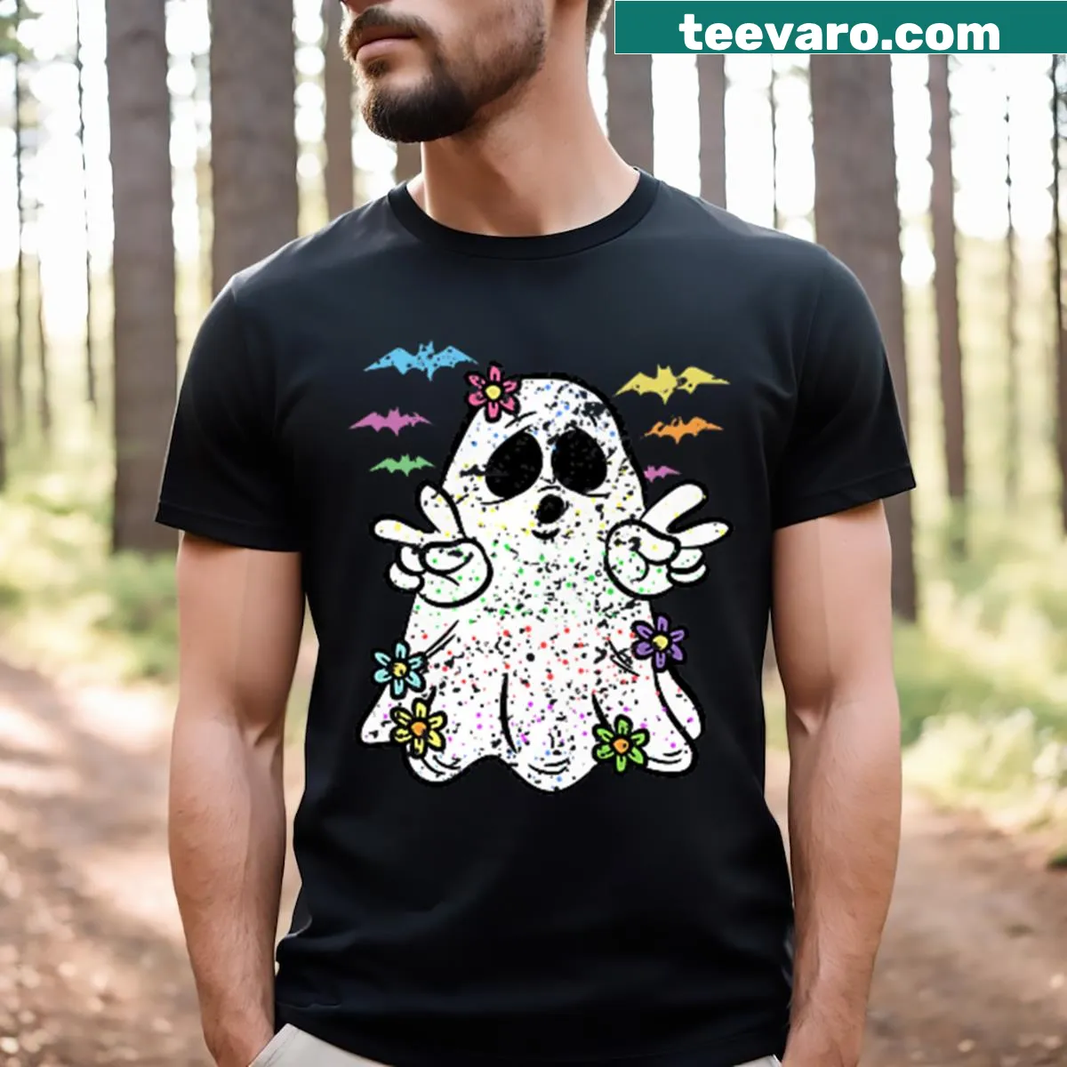 Halloween t-shirt with a ghostly hand making a peace sign — on a men's t-shirt