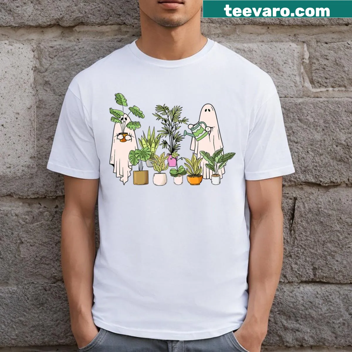 Plant-themed Halloween t-shirt with a ghost and houseplants — on a men's t-shirt