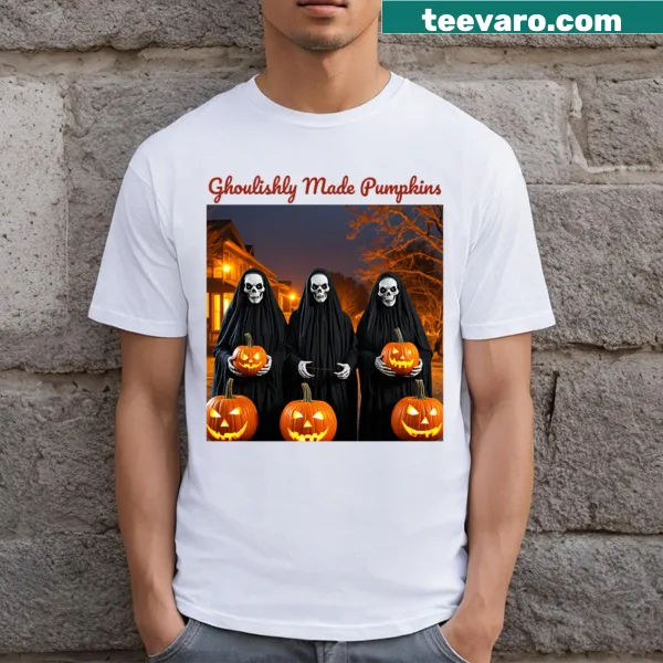 Fun t-shirt with cartoonish pumpkins, embodying a whimsical autumn theme