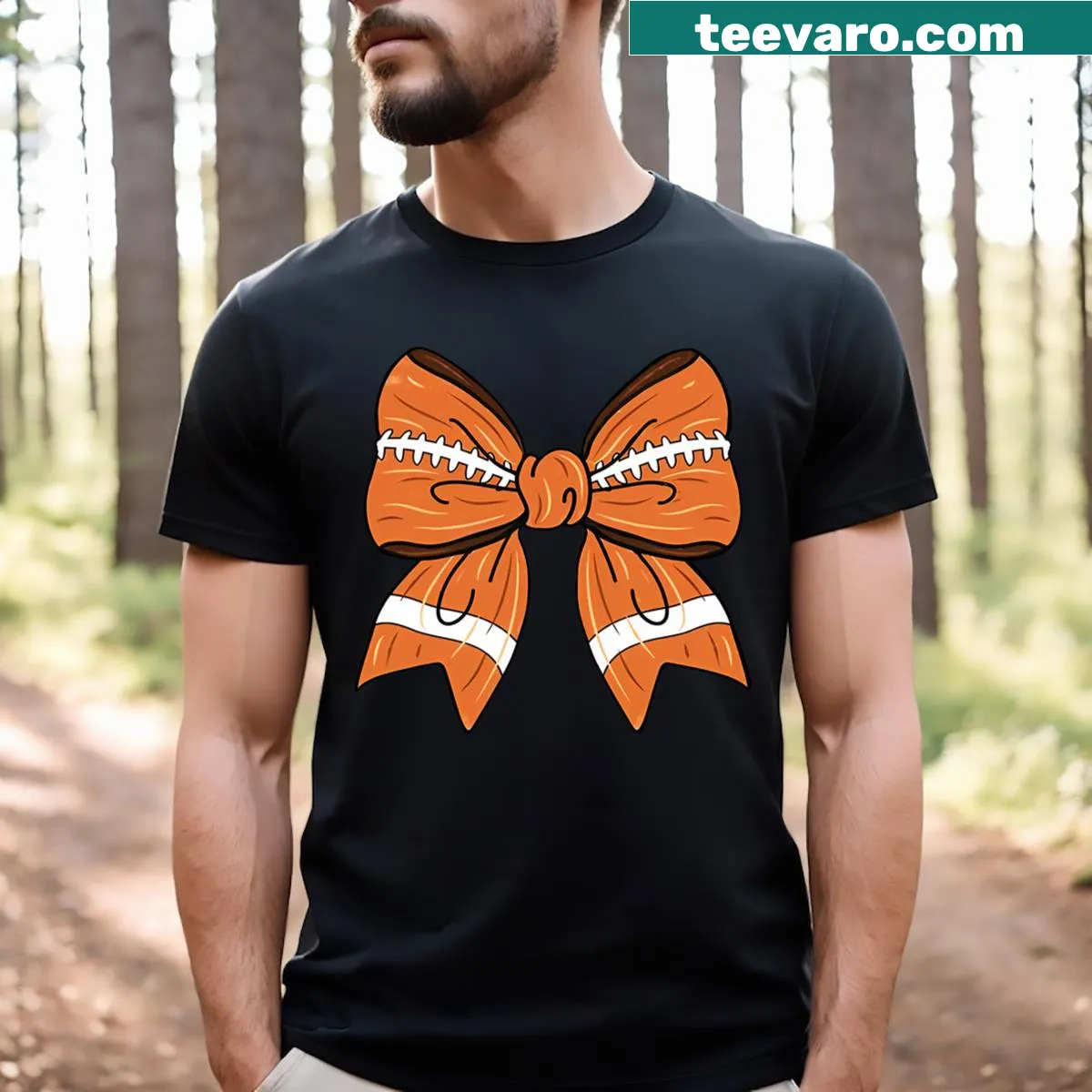 Thanksgiving t-shirt with coquette bow and football theme — on a men's t-shirt
