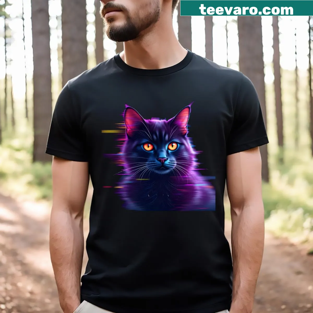 Neon cat graphic t-shirt with a glitch art style — on a men's t-shirt