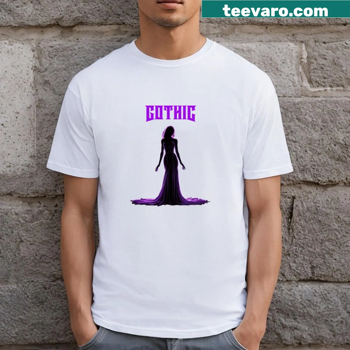 Gothic typography T-shirt with scoop neck design — on a men's t-shirt