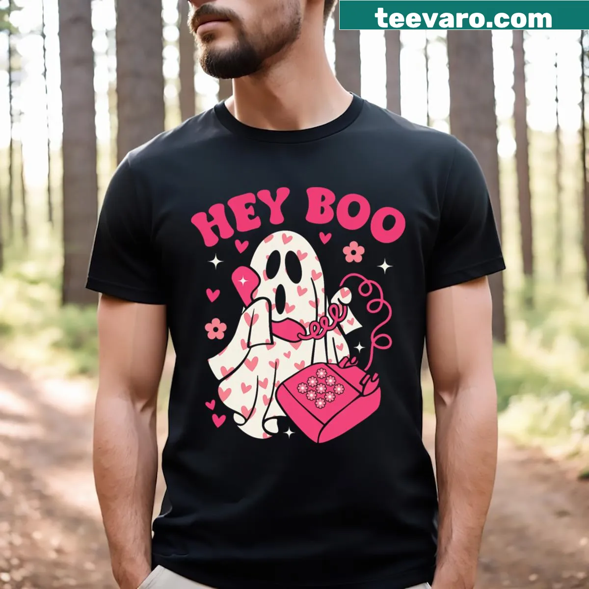 Cute Halloween t-shirt with 'Hey Boo' ghost graphic — on a men's t-shirt