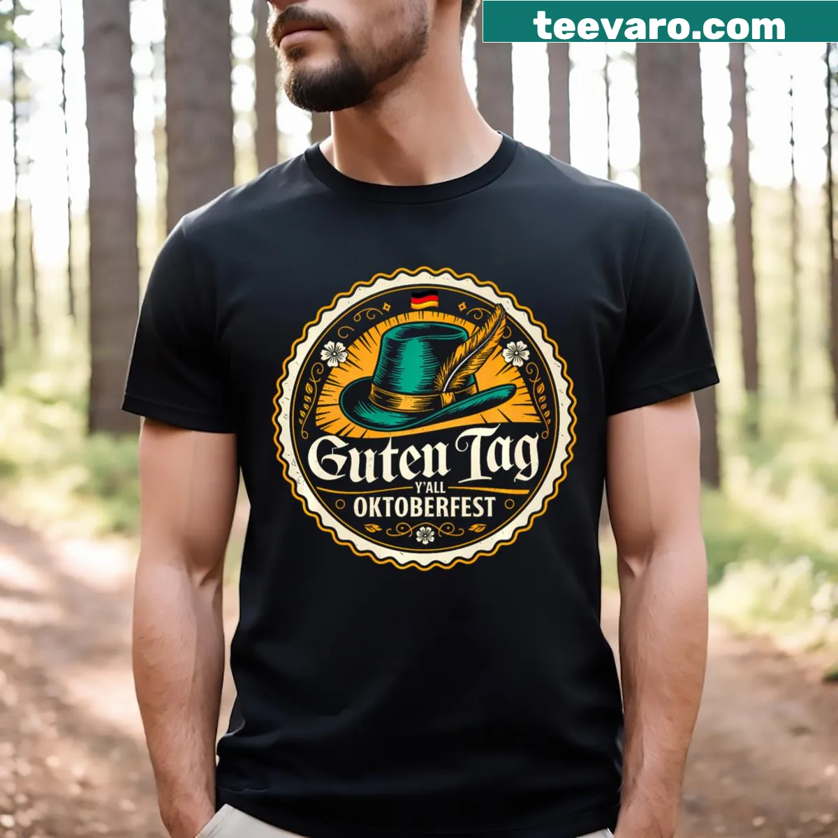 Funny Oktoberfest T-shirt with 'Guten Tag Yall' text — on a men's t-shirt