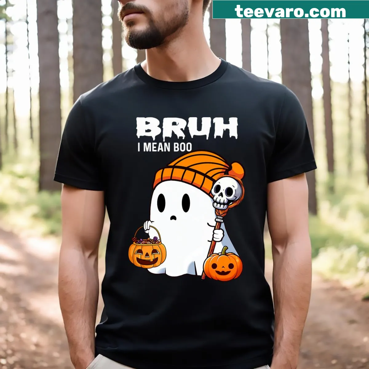 Playful Halloween t-shirt with ghost, skull, and pumpkin graphics — on a men's t-shirt