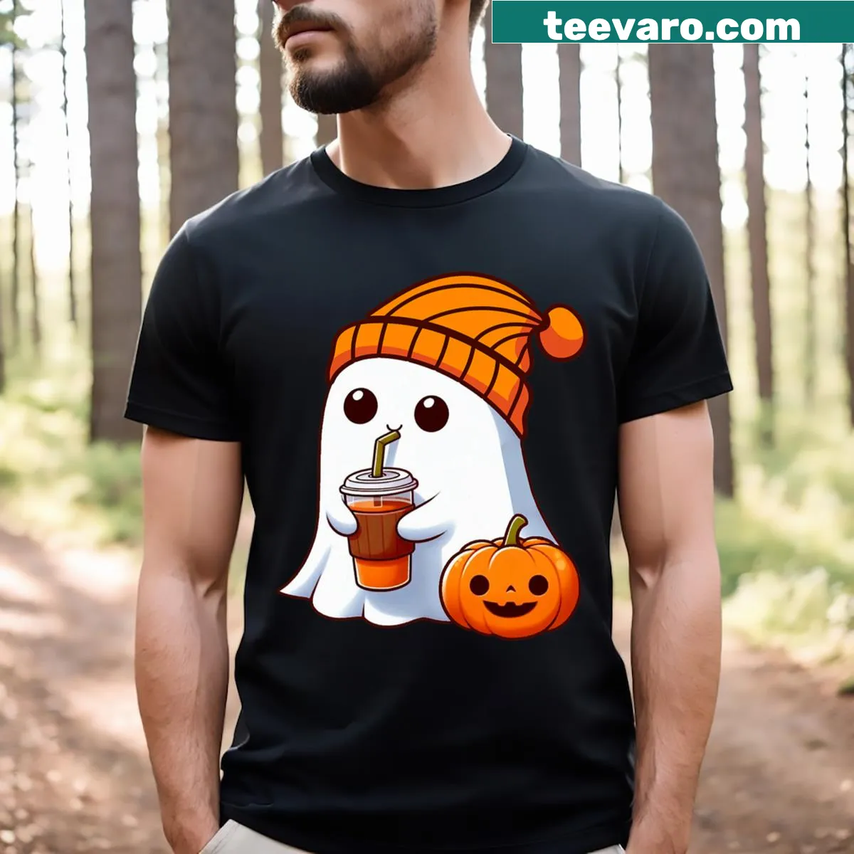 Halloween Costume Ghost t-shirt with playful ghost and pumpkin — on a men's t-shirt