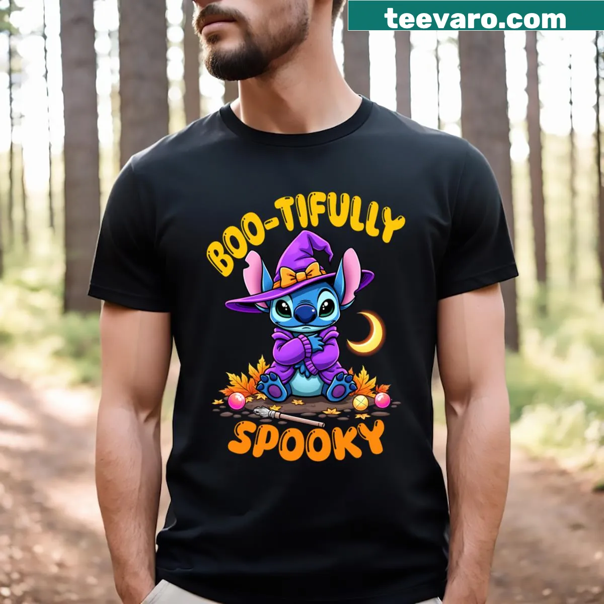 Charming Halloween t-shirt with whimsical stitched design — on a men's t-shirt