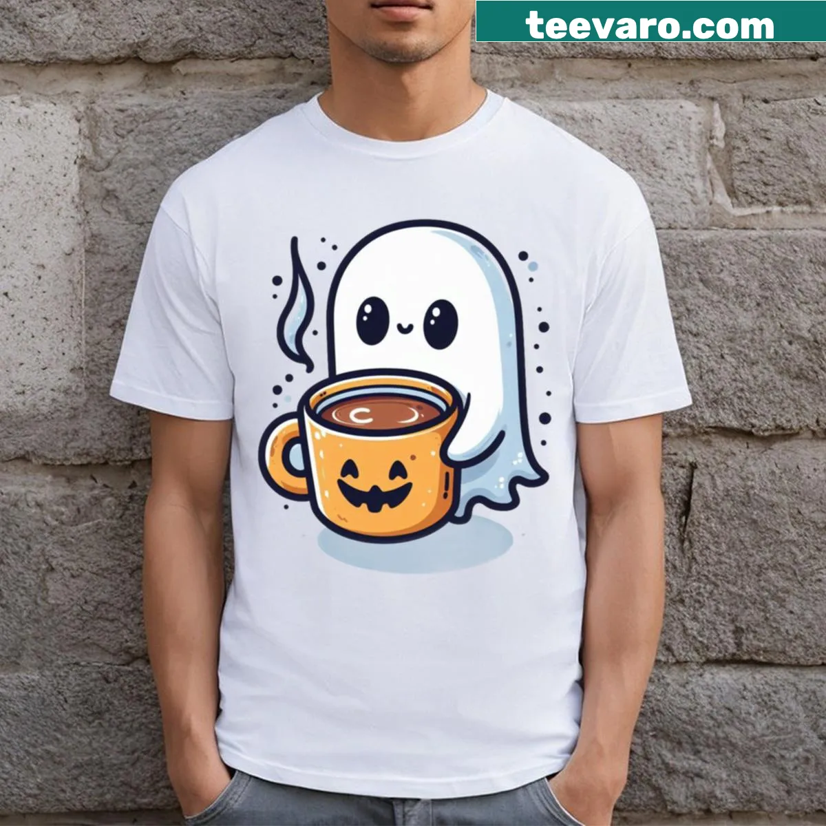 Cute Halloween t-shirt with ghosts holding coffee cups — on a men's t-shirt