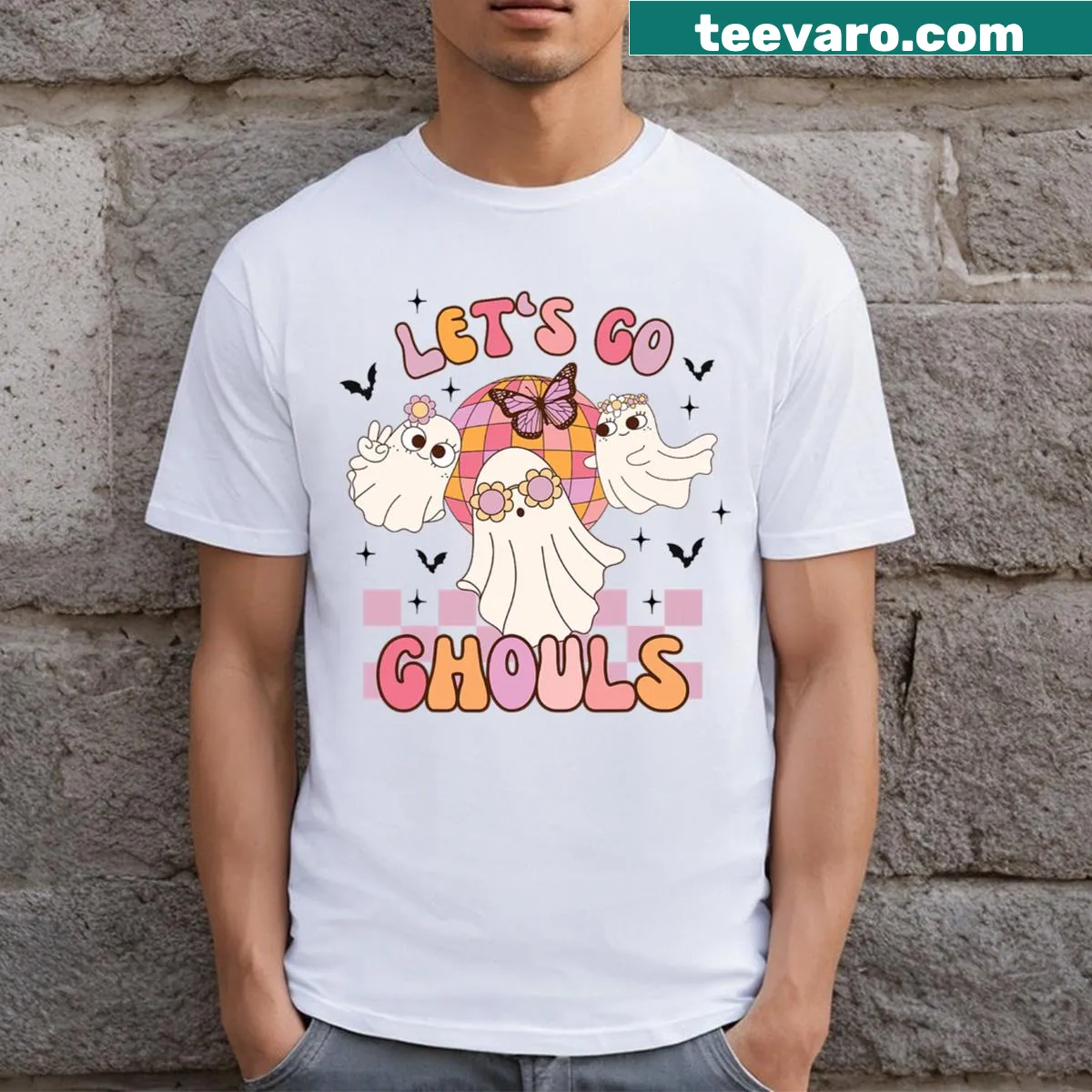 Playful retro Halloween shirt for girls with ghost graphic — on a men's t-shirt