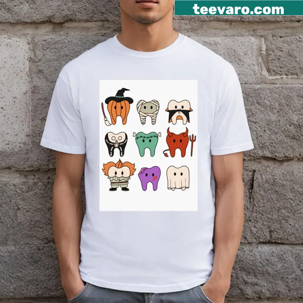 Halloween Hygienist t-shirt with cartoon teeth and festive text