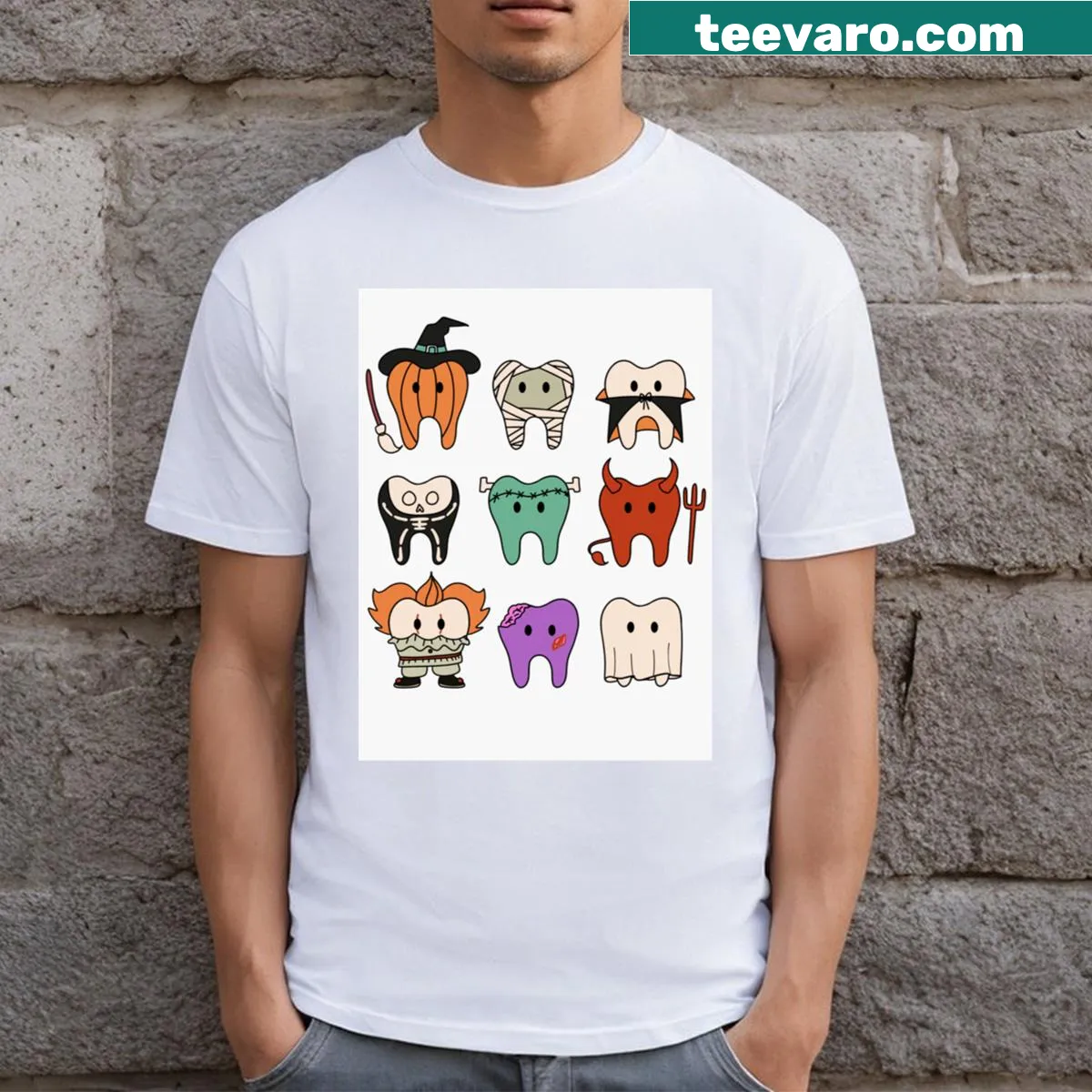 Halloween Hygienist t-shirt with cartoon teeth and festive text — on a men's t-shirt