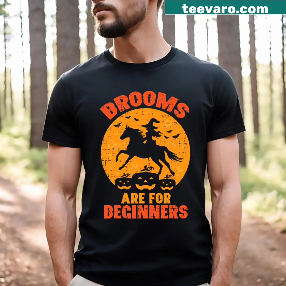 Halloween Witch with Horse and Broom t-shirt illustration — on a men's t-shirt