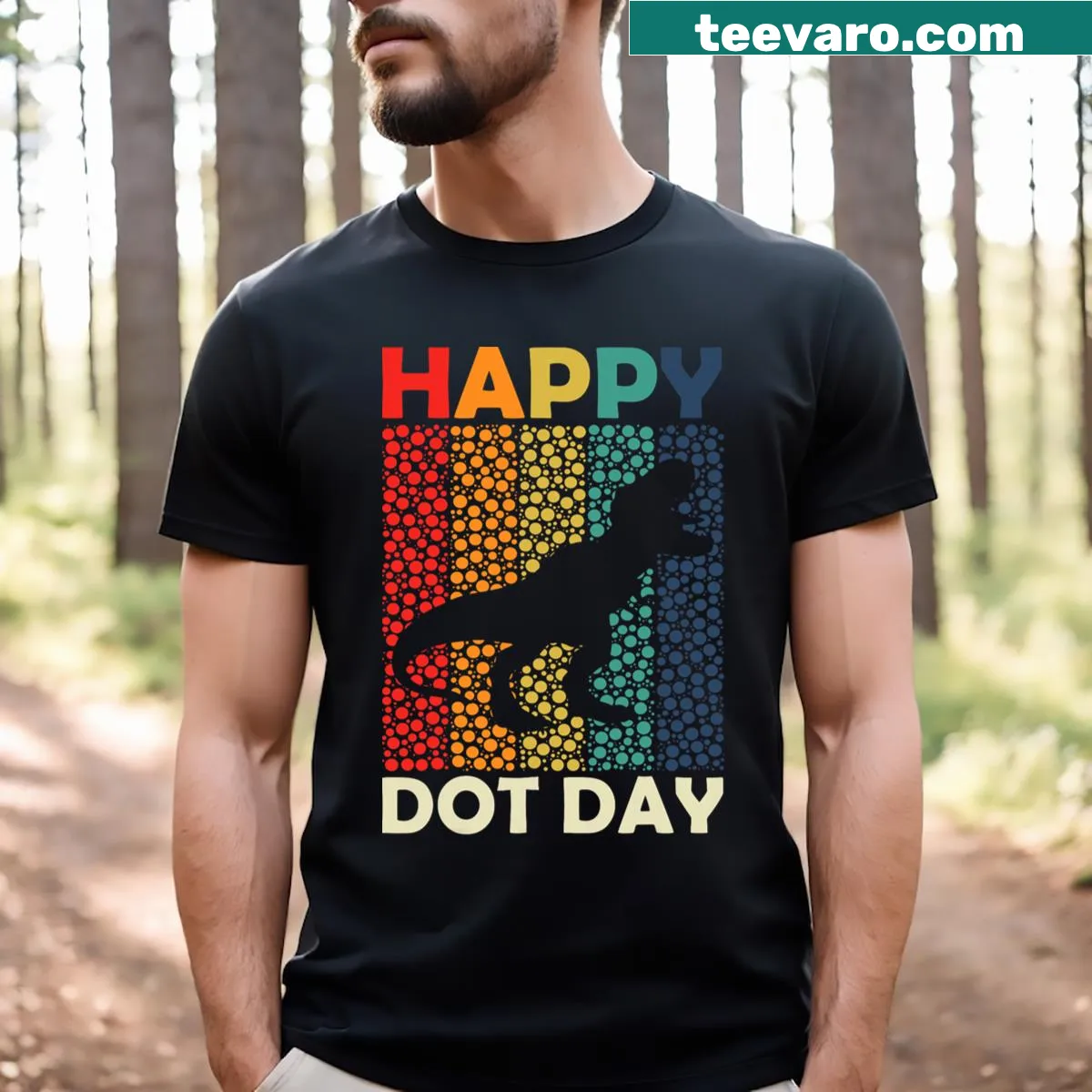 Happy Dot Day T-Rex t-shirt with cartoon dinosaur — on a men's t-shirt