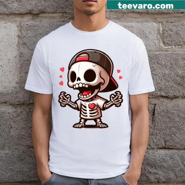 Halloween-themed shirt with a skeleton kid and baseball elements