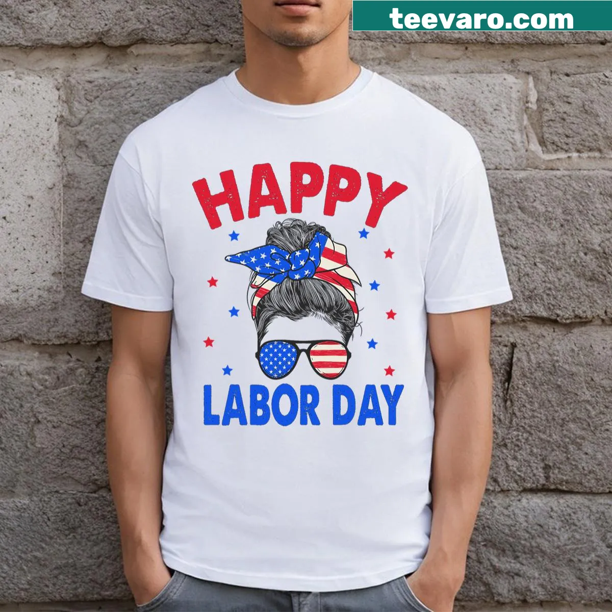 Messy bun and USA flag graphic on a Labor Day T-shirt — on a men's t-shirt