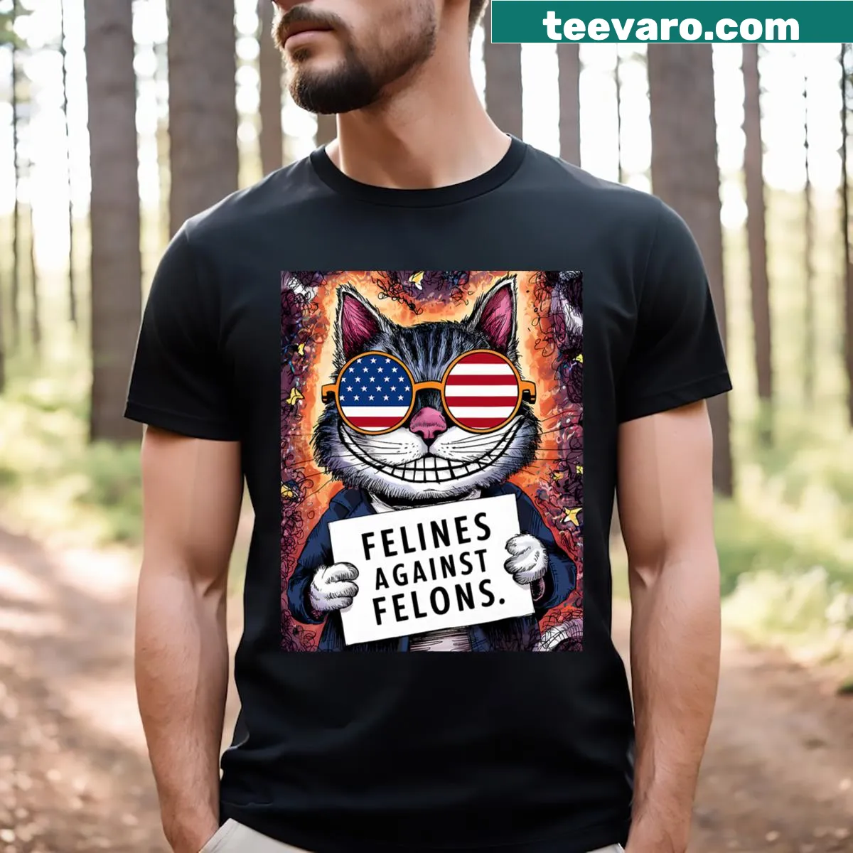 Witty cat-themed shirt with political message about felines — on a men's t-shirt