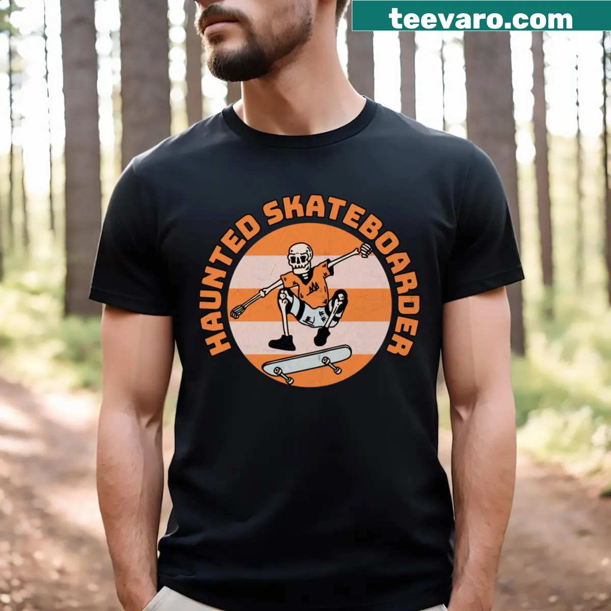 Spooky skateboarding skeleton graphic on Halloween t-shirt — on a men's t-shirt