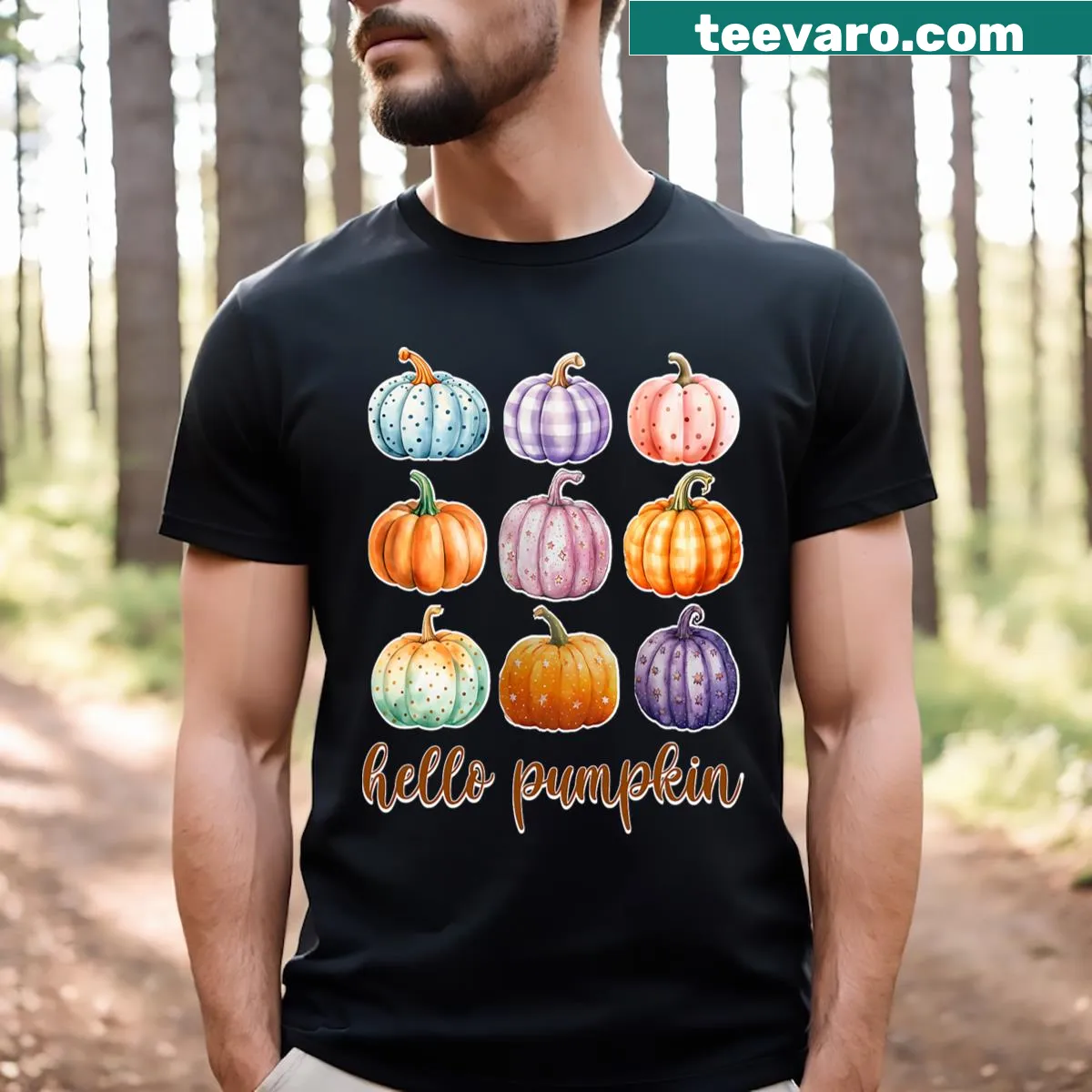 Hello Pumpkin text graphic on Halloween t-shirt — on a men's t-shirt