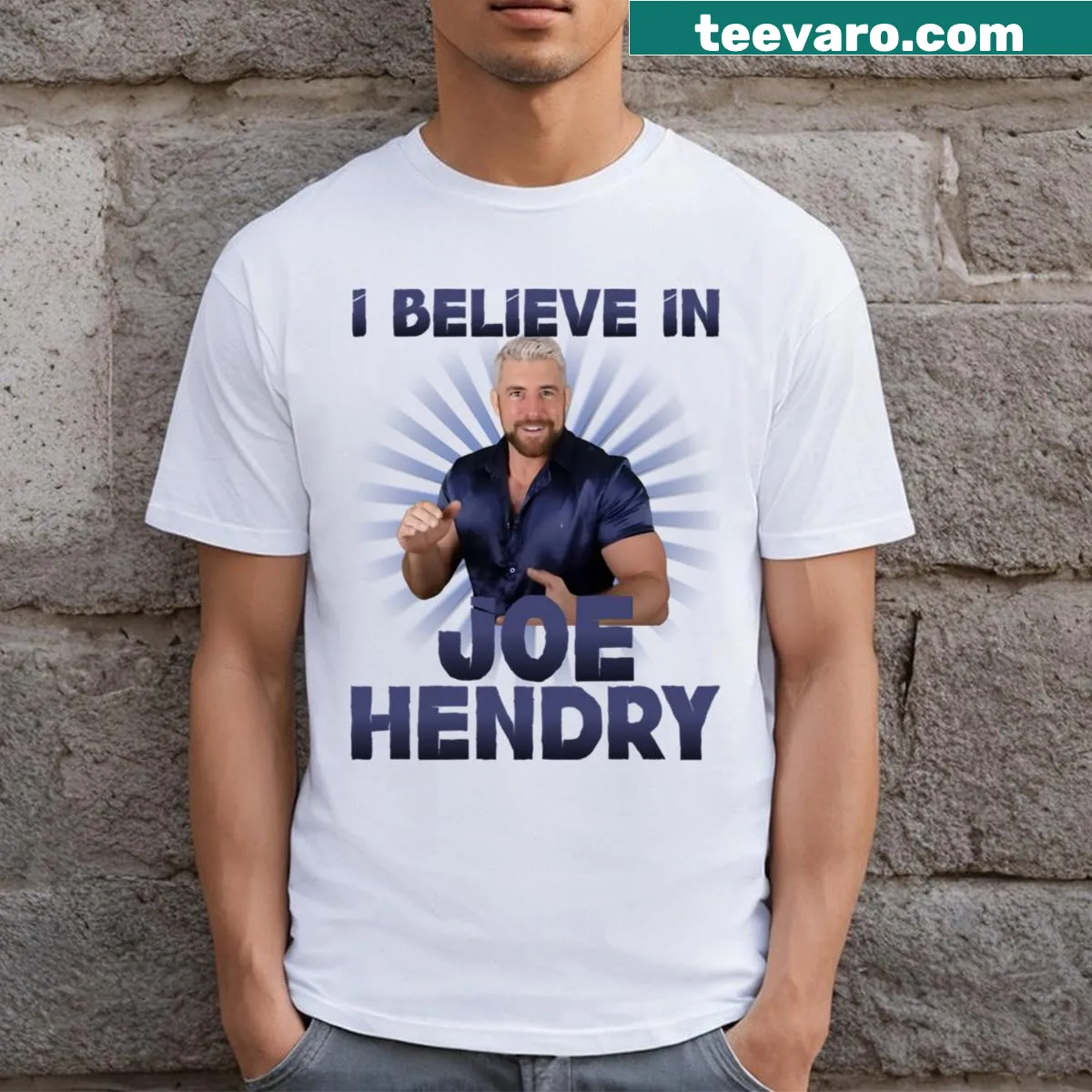 Graphic T-shirt that says 'I Believe In Joe Hendry' with a gradient ray design — on a men's t-shirt