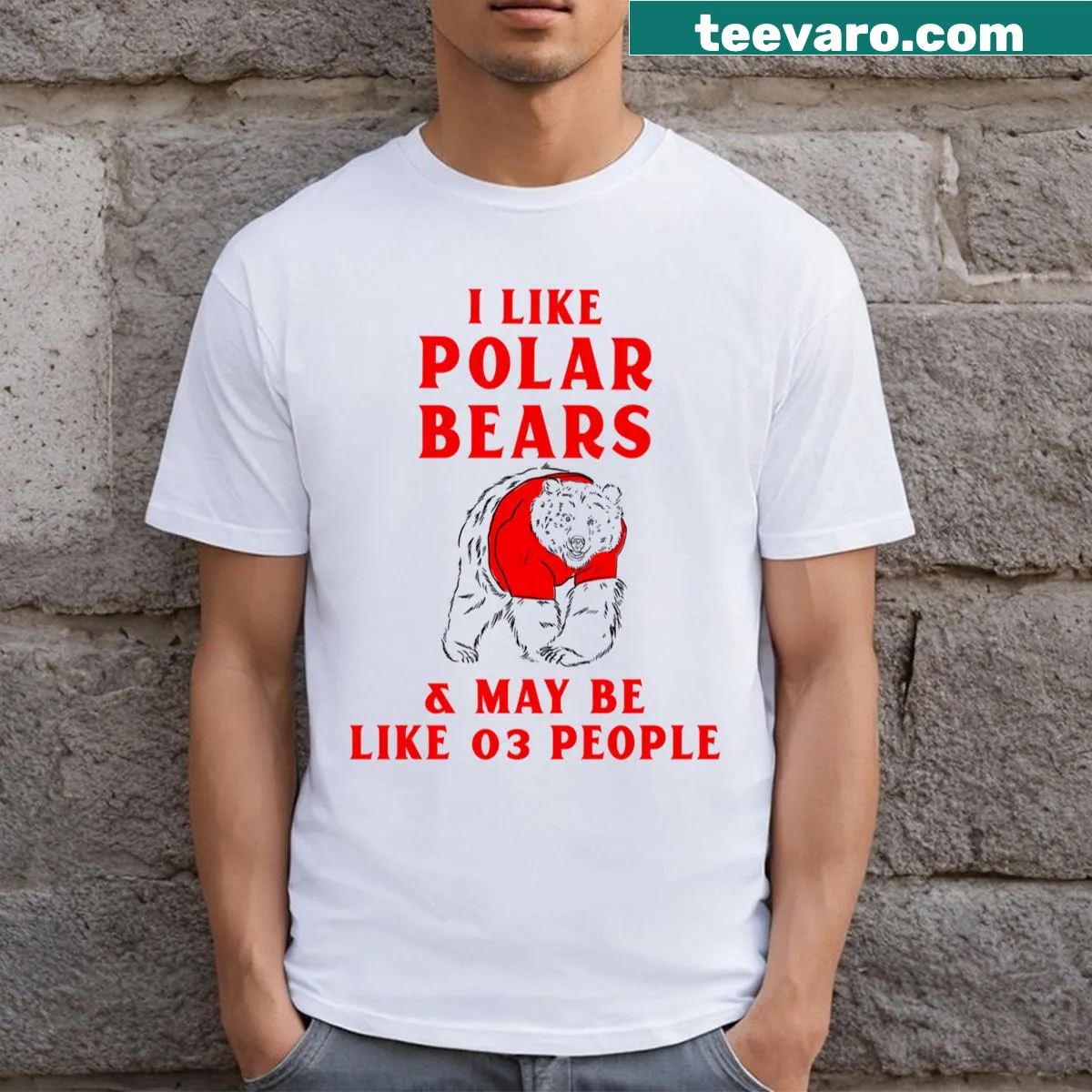 Graphic text about liking polar bears and being social on t-shirt — on a men's t-shirt