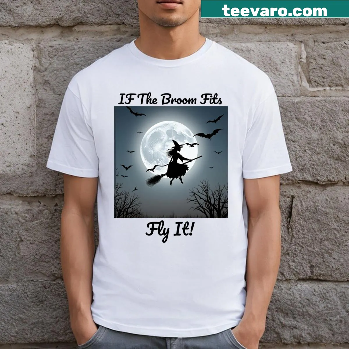 Playful T-shirt with the phrase If The Broom Fits Fly It in whimsical text — on a men's t-shirt