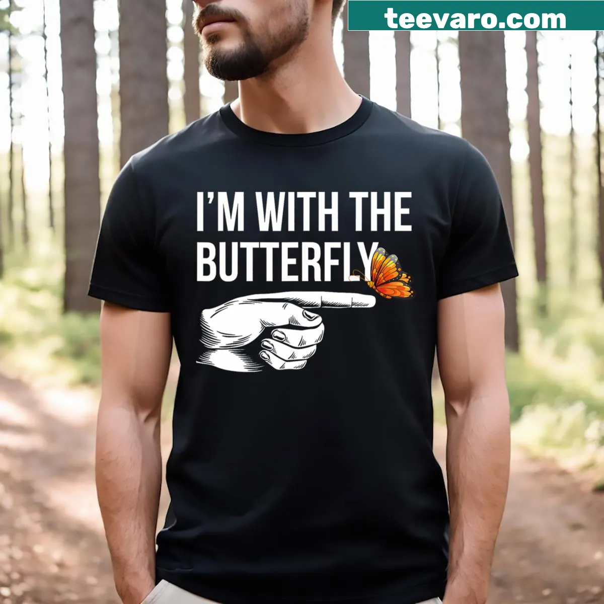 Couples Halloween costume T-shirt with I'm With Butterfly Party phrase — on a men's t-shirt