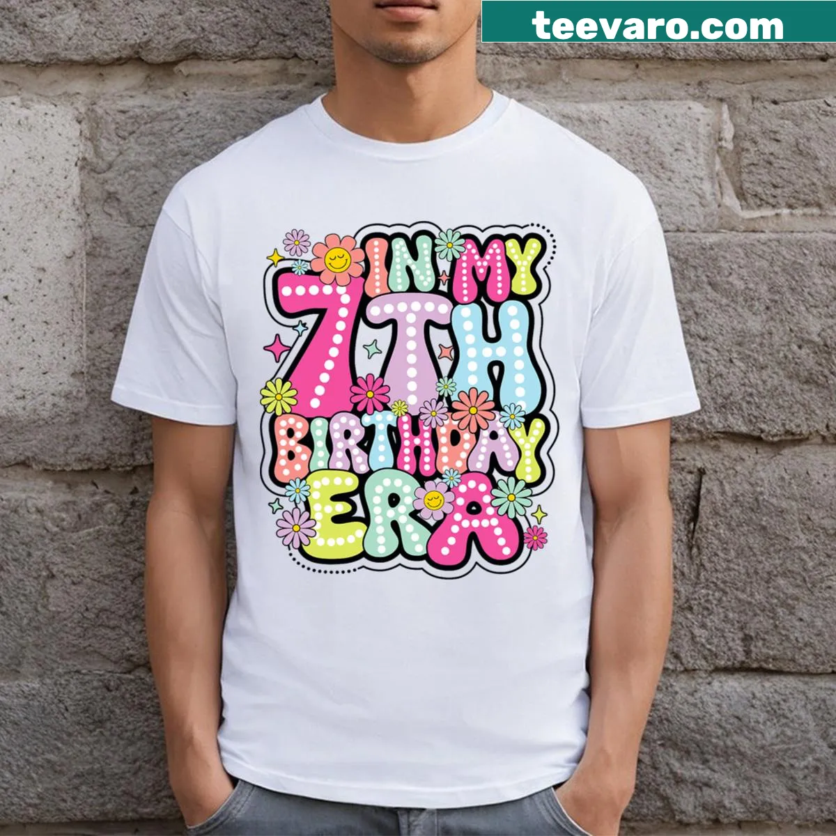 Groovy birthday T-shirt for 7 year old girl with playful illustration — on a men's t-shirt