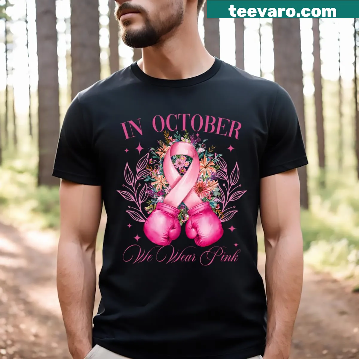 T-shirt featuring boxing ribbon and phrase In October We Wear Pink for awareness — on a men's t-shirt