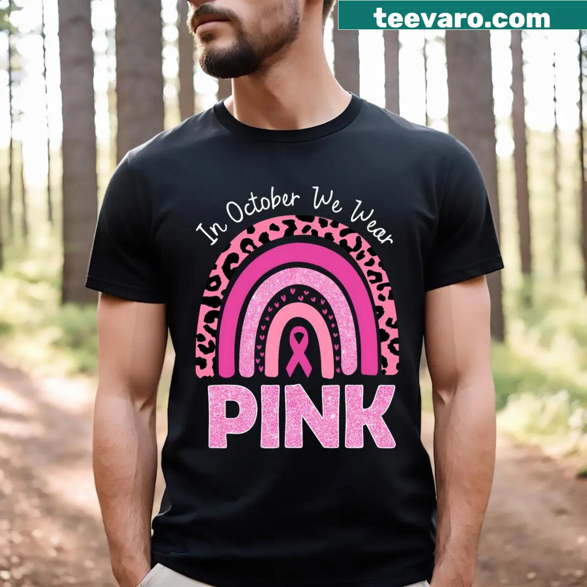 Vintage distressed breast cancer awareness shirt with pink ribbon — on a men's t-shirt