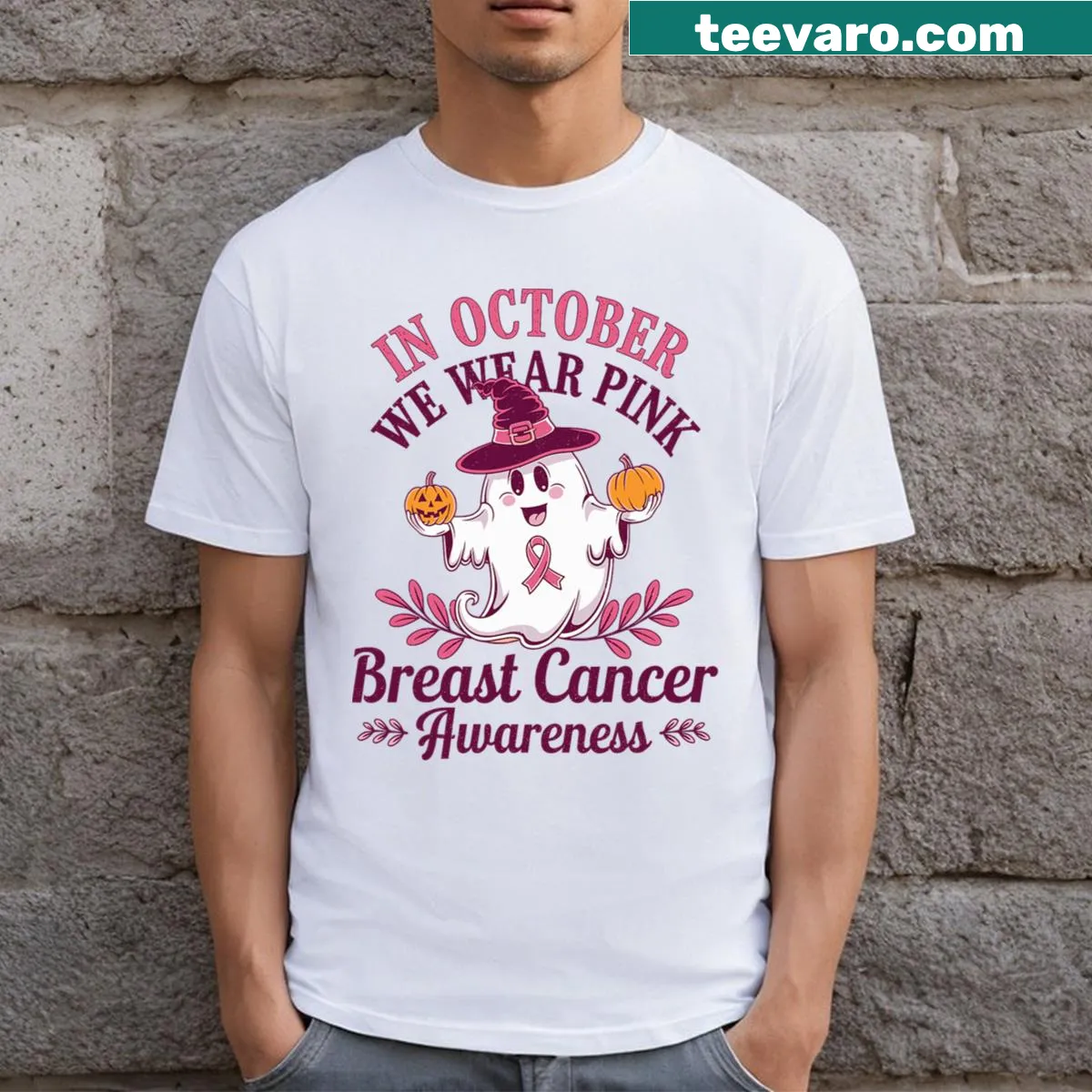 Pumpkin-themed breast cancer awareness shirt with pink ribbons — on a men's t-shirt