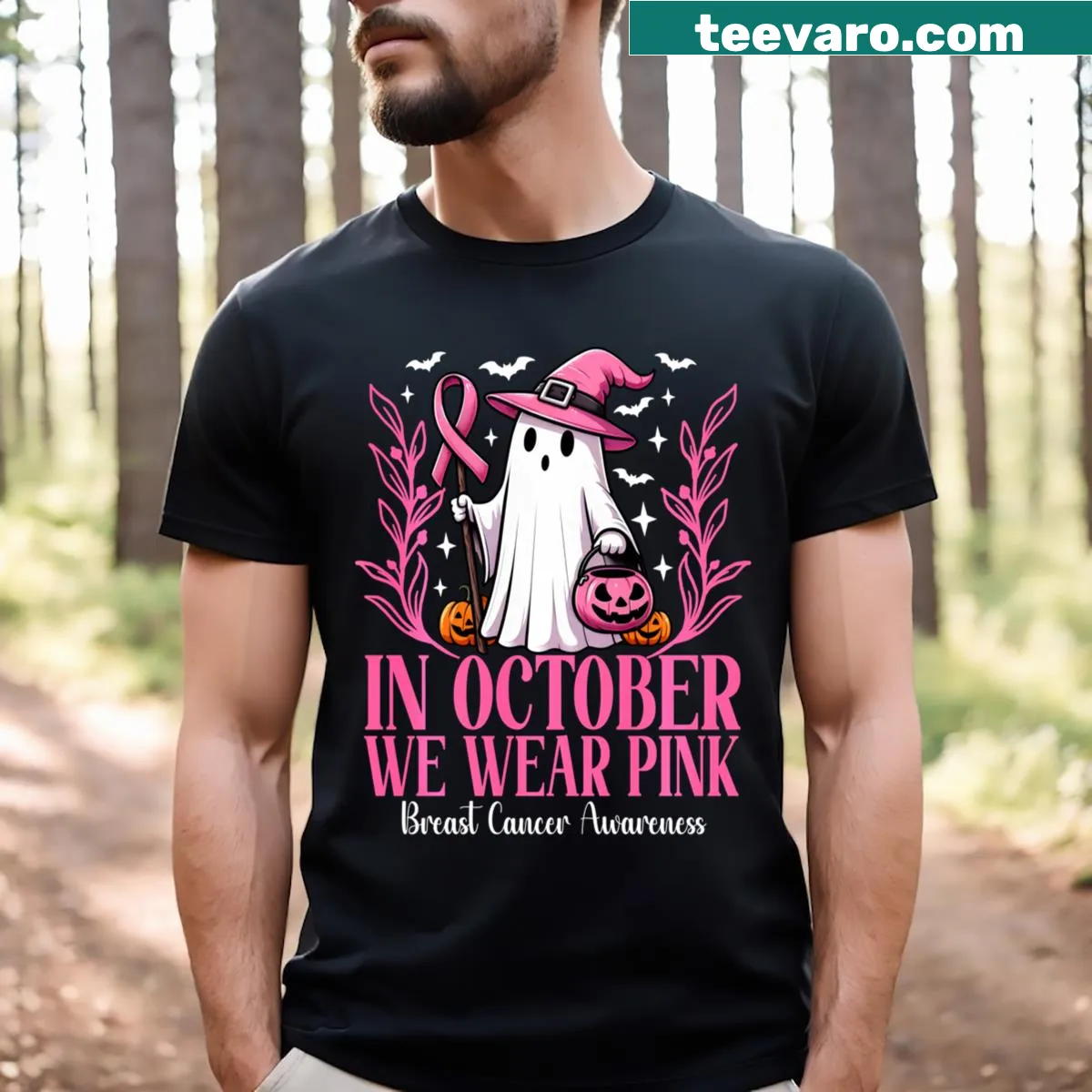 Halloween-themed breast cancer awareness shirt with witch and ghost — on a men's t-shirt