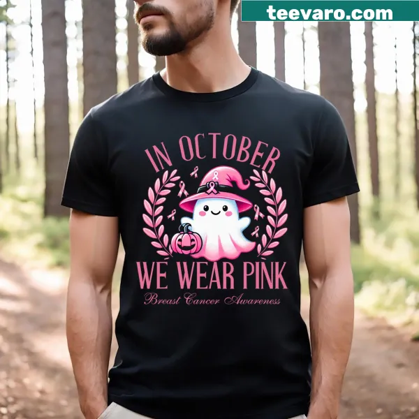 Cartoon ghost graphic on breast cancer awareness T-shirt