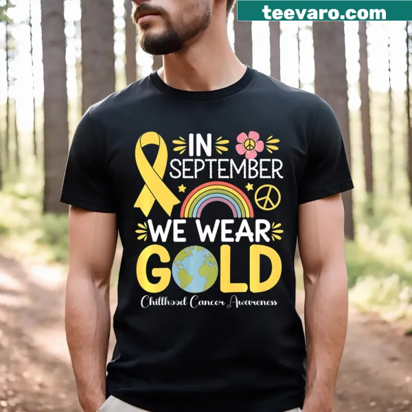 Retro style graphic with gold text supporting childhood cancer awareness