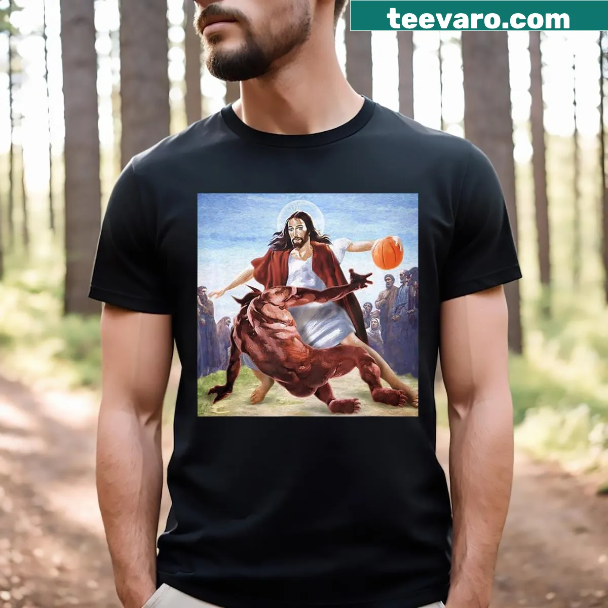 Inspirational T-shirt with 'Jesus Crossing Up The Devil' design — on a men's t-shirt