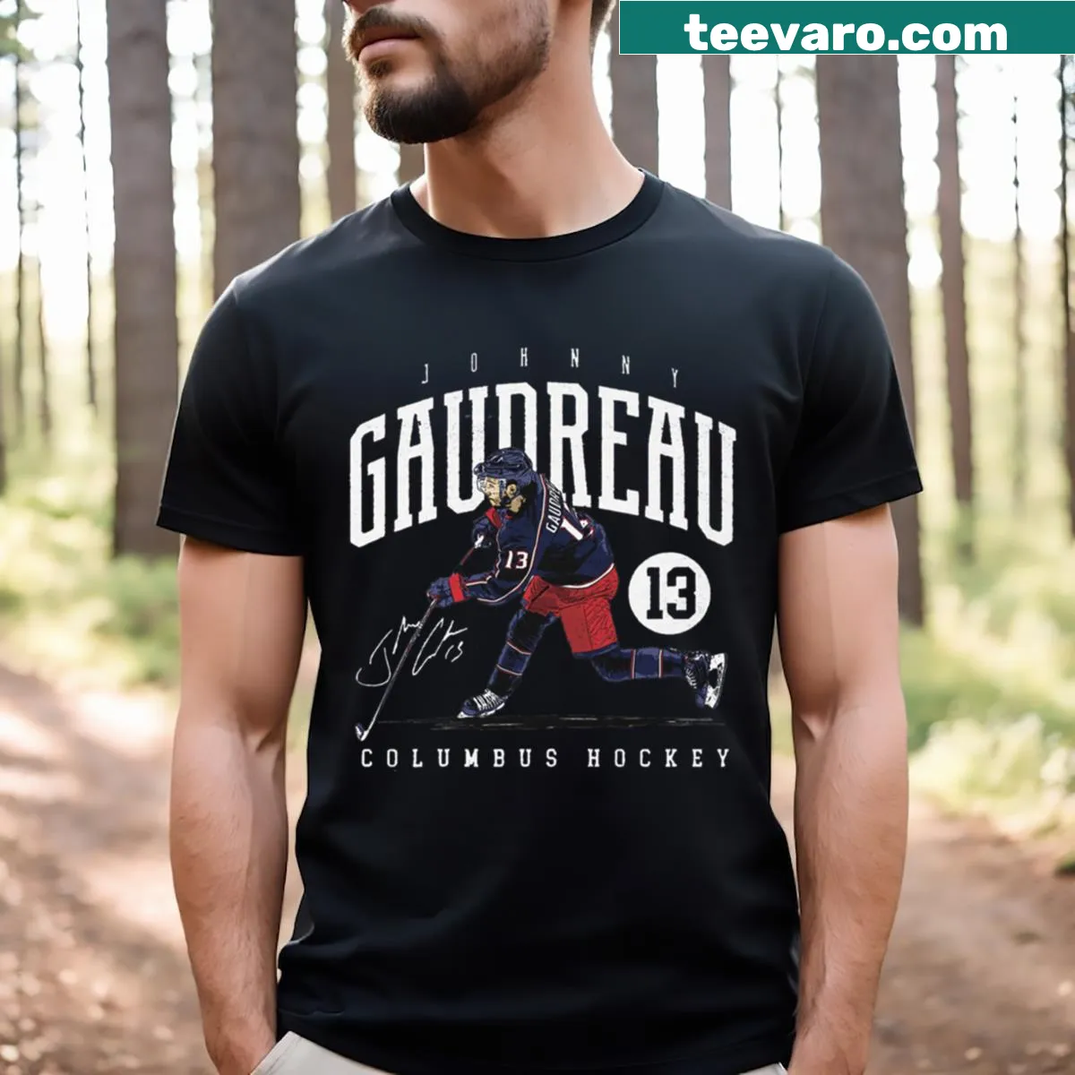 Columbus Game T-shirt featuring Johnny Gaudreau's name — on a men's t-shirt