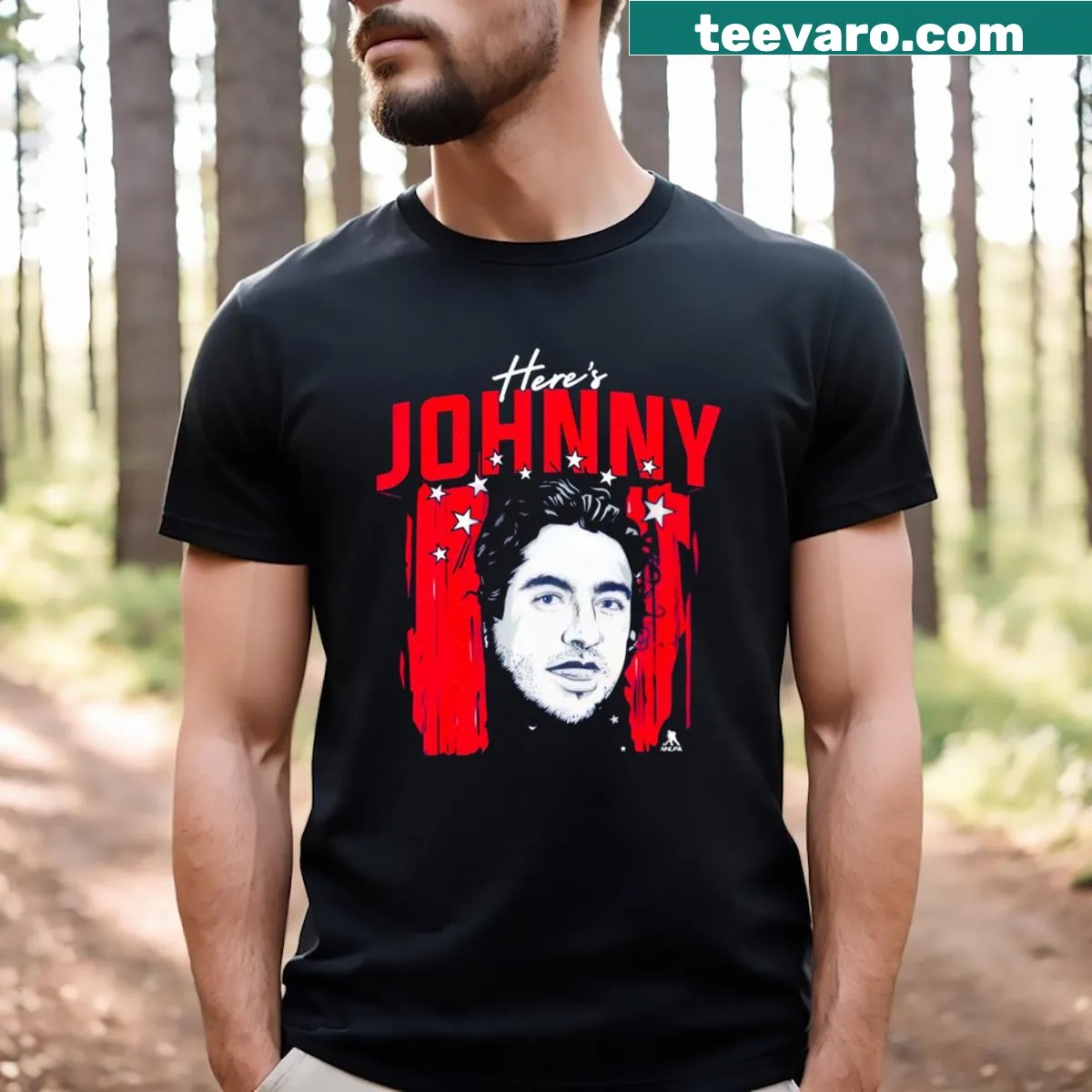 Johnny Gaudreau Essential T-shirt with his name and number prominently displayed — on a men's t-shirt