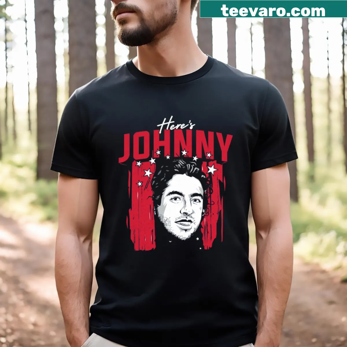 Johnny Gaudreau Here’s Johnny t-shirt featuring bold typography — on a men's t-shirt