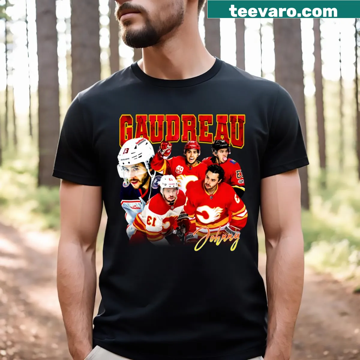 Johnny Gaudreau Hockey Flames t-shirt with dynamic illustration — on a men's t-shirt