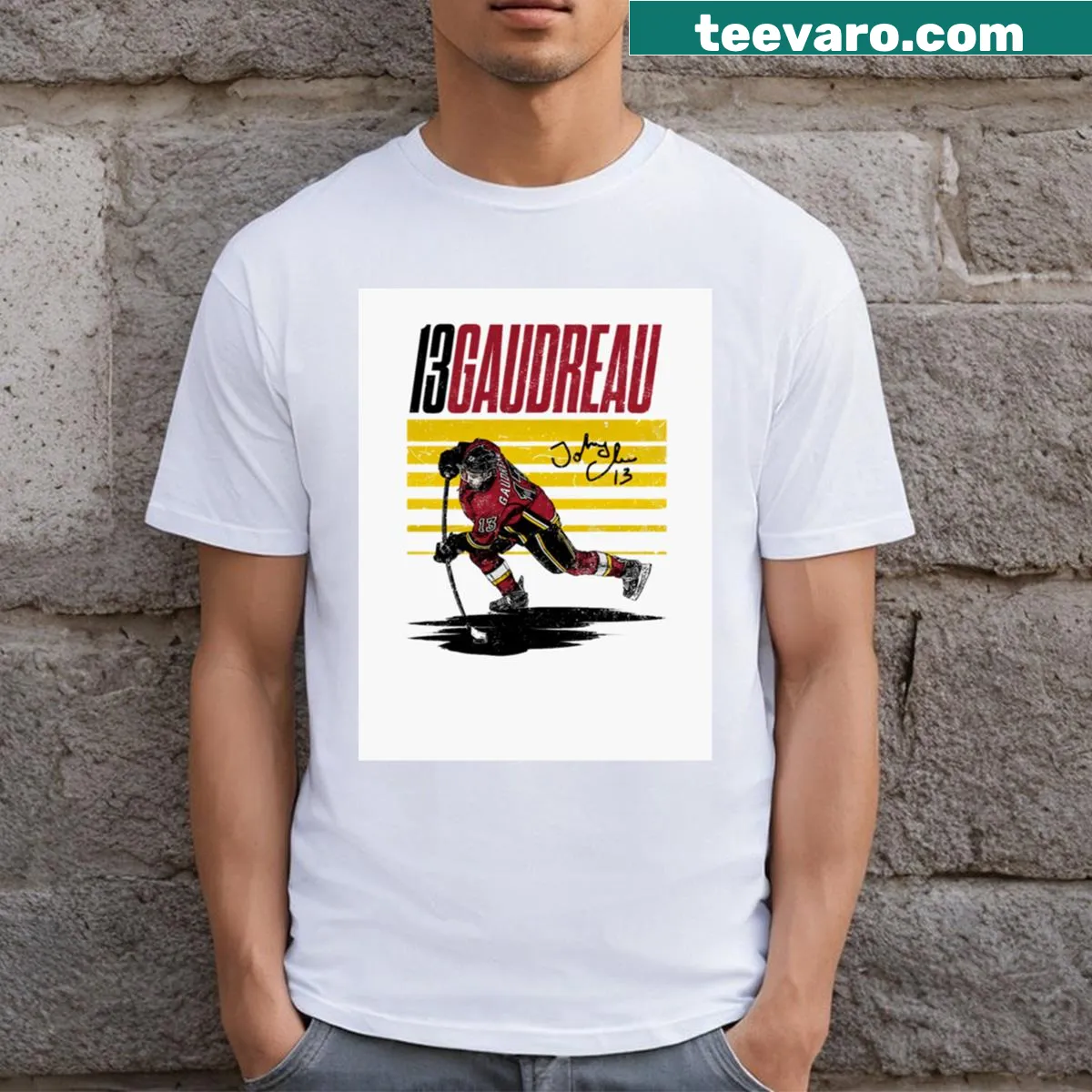 Johnny Gaudreau Starter t-shirt with bold typography — on a men's t-shirt