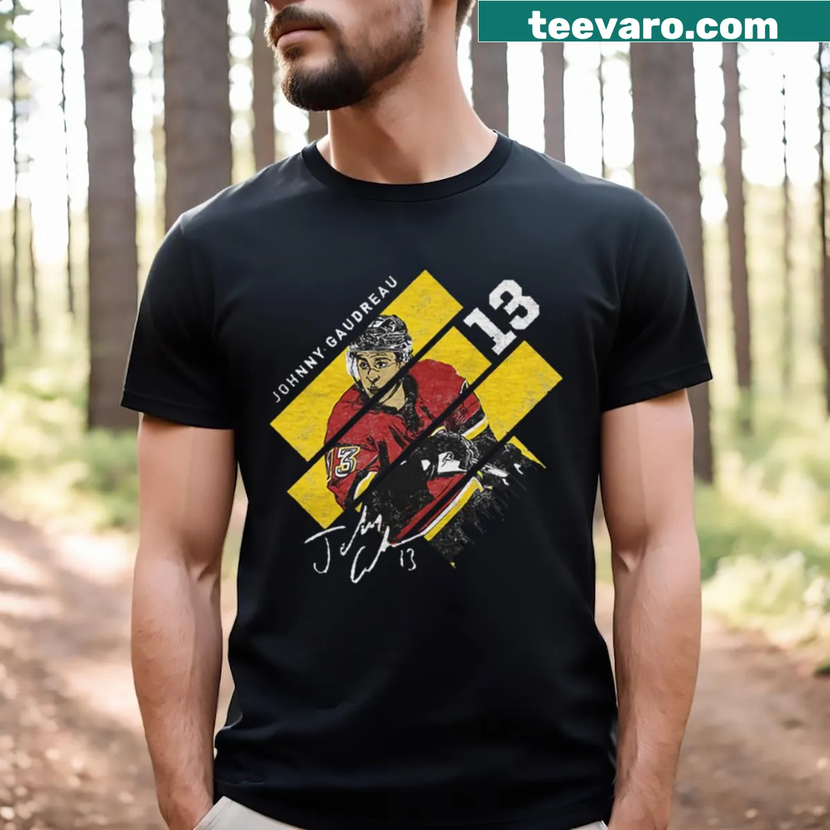 Johnny Gaudreau Stripes t-shirt with stylish striped design — on a men's t-shirt