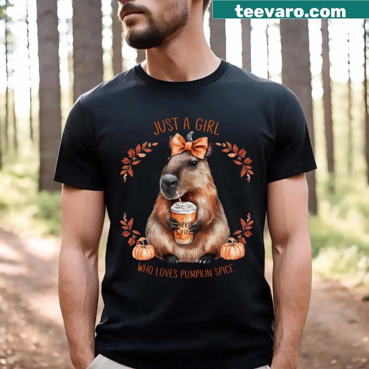 Funny skeleton graphic T-shirt with pumpkin spice theme — on a men's t-shirt