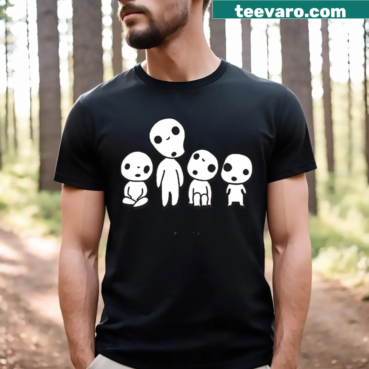 T-shirt featuring whimsical illustrations of Kodama spirits from folklore — on a men's t-shirt